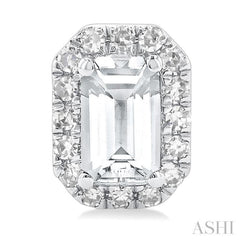 5x3 MM Octagonal Shape White Topaz and 1/8 Ctw Single Cut Diamond Halo Semi-Precious Stud Earrings in 14K White Gold