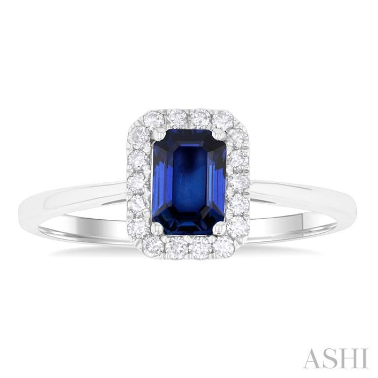 6x4 MM Octagonal Shape Sapphire and 1/6 Ctw Round Cut Diamond Halo Precious Ring in 14K White Gold