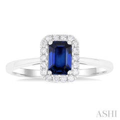 6x4 MM Octagonal Shape Sapphire and 1/6 Ctw Round Cut Diamond Halo Precious Ring in 14K White Gold