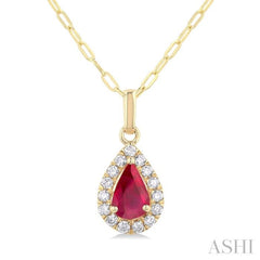 6x4 MM Pear Shape Ruby and 1/6 Ctw Round Cut Diamond Halo Precious Pendant with Chain in 14K Yellow Gold