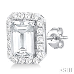6x4 MM Octagonal Shape White Topaz and 1/4 Ctw Round Cut Diamond Halo Semi-Precious Stud Earrings in 10K White Gold