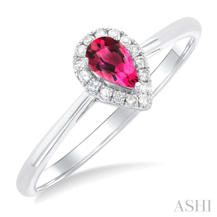 5x3 MM Pear Shape Pink Tourmaline and 1/20 Ctw Single Cut Diamond Halo Semi-Precious Ring in 14K White Gold