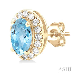 5x3 MM Oval Shape Aquamarine and 1/8 Ctw Single Cut Diamond Halo Semi-Precious Stud Earrings in 10K Yellow Gold