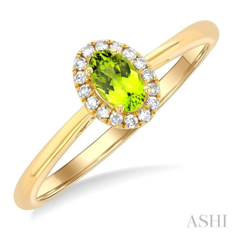 5x3 MM Oval Shape Peridot and 1/20 Ctw Single Cut Diamond Halo Semi-Precious Ring in 14K Yellow Gold