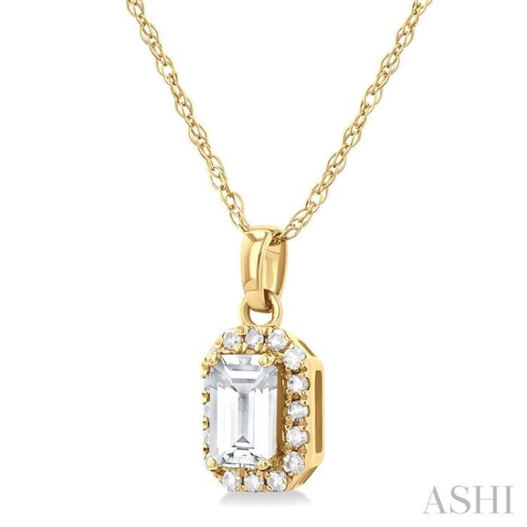 5x3 MM Octagonal Shape White Topaz and 1/20 Ctw Single Cut Diamond Halo Semi-Precious Pendant with Chain in 10K Yellow Gold