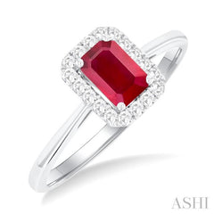 6x4 MM Octagonal Shape Ruby and 1/6 Ctw Round Cut Diamond Halo Precious Ring in 10K White Gold