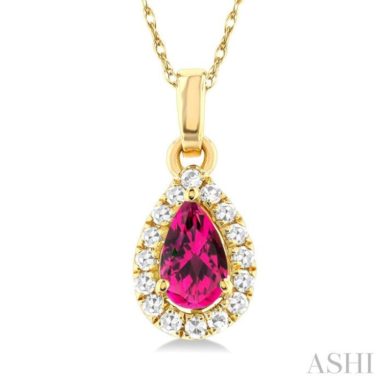 5x3 MM Pear Shape Pink Tourmaline and 1/20 Ctw Single Cut Diamond Halo Semi-Precious Pendant with Chain in 10K Yellow Gold