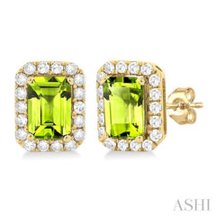 6x4 MM Octagonal Shape Peridot and 1/4 Ctw Round Cut Diamond Halo Semi-Precious Stud Earrings in 10K Yellow Gold