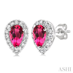 5x3 MM Pear Shape Pink Tourmaline and 1/8 Ctw Single Cut Diamond Halo Semi-Precious Stud Earrings in 14K White Gold