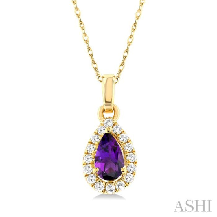 5x3 MM Pear Shape Amethyst and 1/20 Ctw Single Cut Diamond Halo Semi-Precious Pendant with Chain in 14K Yellow Gold