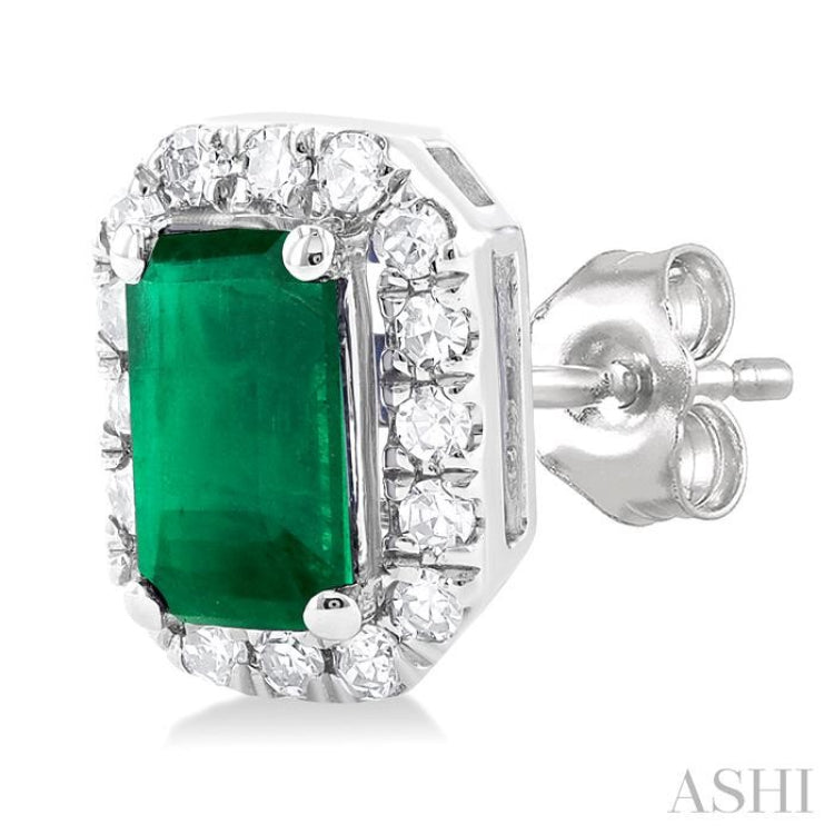 5x3 MM Octagonal Shape Emerald and 1/8 Ctw Single Cut Diamond Halo Precious Stud Earrings in 14K White Gold