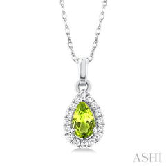 5x3 MM Pear Shape Peridot and 1/20 Ctw Single Cut Diamond Halo Semi-Precious Pendant with Chain in 14K White Gold