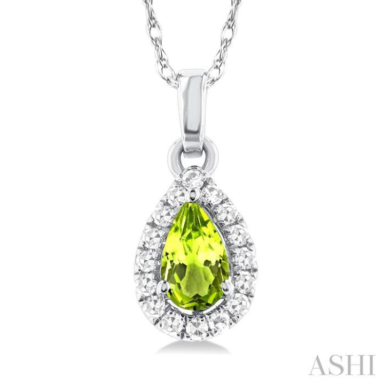 5x3 MM Pear Shape Peridot and 1/20 Ctw Single Cut Diamond Halo Semi-Precious Pendant with Chain in 14K White Gold