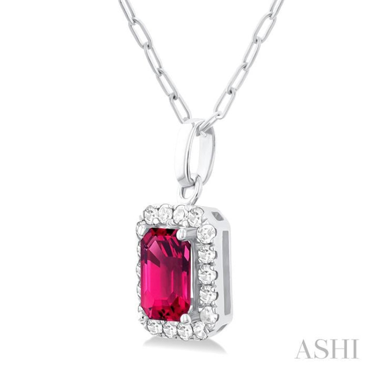 6x4 MM Octagonal Shape Pink Tourmaline and 1/6 Ctw Round Cut Diamond Halo Semi-Precious Pendant with Chain in 14K White Gold