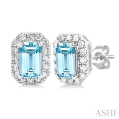 5x3 MM Octagonal Shape Aquamarine and 1/8 Ctw Single Cut Diamond Halo Semi-Precious Stud Earrings in 14K White Gold