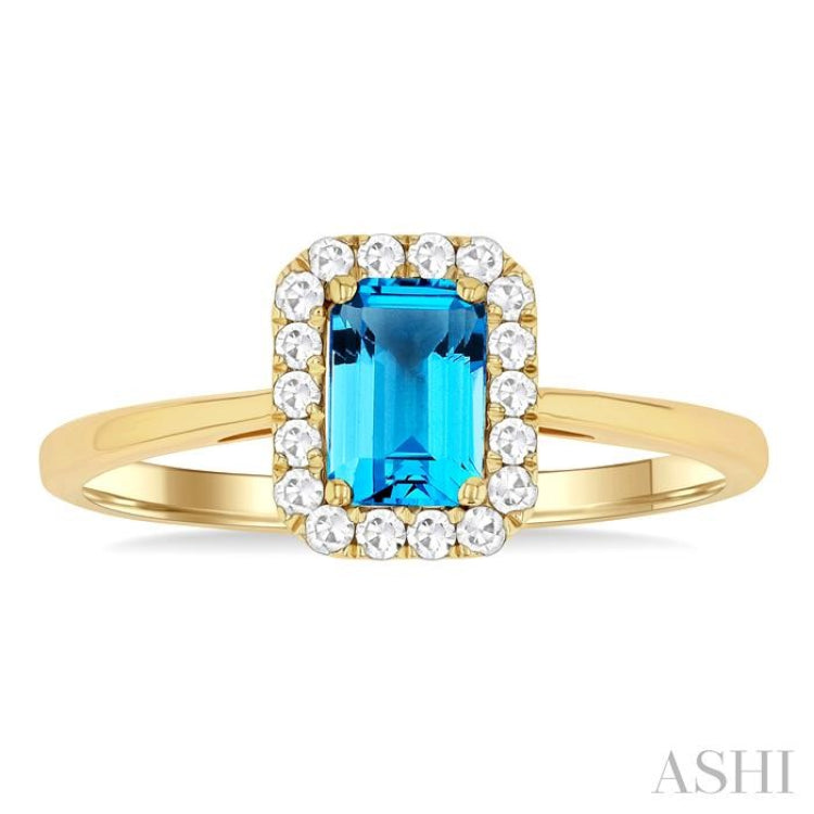 6x4 MM Octagonal Shape Blue Topaz and 1/6 Ctw Round Cut Diamond Halo Semi-Precious Ring in 14K Yellow Gold