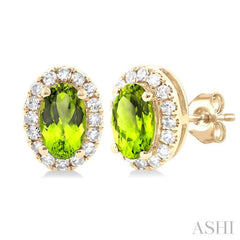 5x3 MM Oval Shape Peridot and 1/8 Ctw Single Cut Diamond Halo Semi-Precious Stud Earrings in 10K Yellow Gold
