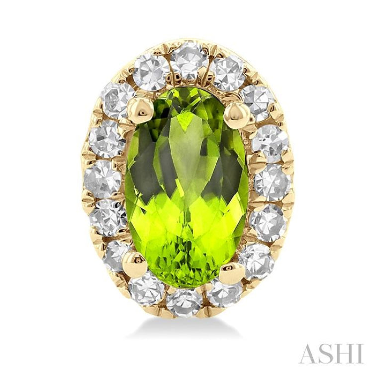 5x3 MM Oval Shape Peridot and 1/8 Ctw Single Cut Diamond Halo Semi-Precious Stud Earrings in 10K Yellow Gold