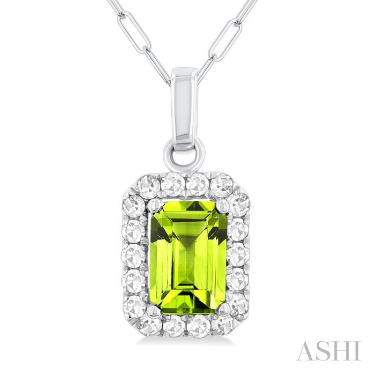 6x4 MM Octagonal Shape Peridot and 1/6 Ctw Round Cut Diamond Halo Semi-Precious Pendant with Chain in 10K White Gold