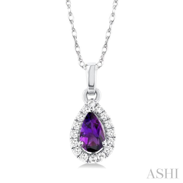 5x3 MM Pear Shape Amethyst and 1/20 Ctw Single Cut Diamond Halo Semi-Precious Pendant with Chain in 14K White Gold