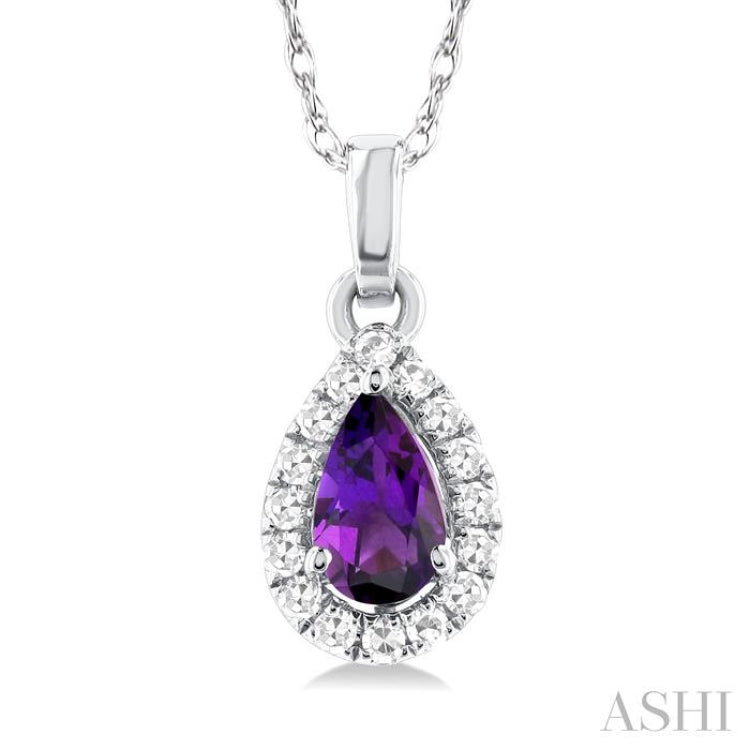 5x3 MM Pear Shape Amethyst and 1/20 Ctw Single Cut Diamond Halo Semi-Precious Pendant with Chain in 14K White Gold