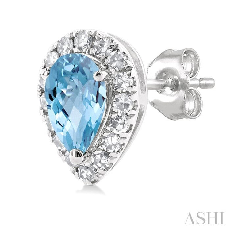 5x3 MM Pear Shape Aquamarine and 1/8 Ctw Single Cut Diamond Halo Semi-Precious Stud Earrings in 14K White Gold