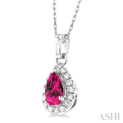 5x3 MM Pear Shape Pink Tourmaline and 1/20 Ctw Single Cut Diamond Halo Semi-Precious Pendant with Chain in 14K White Gold
