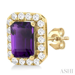 6x4 MM Octagonal Shape Amethyst and 1/4 Ctw Round Cut Diamond Halo Semi-Precious Stud Earrings in 10K Yellow Gold