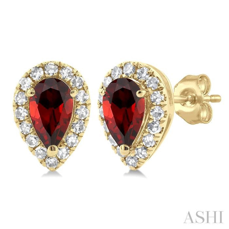 5x3 MM Pear Shape Garnet and 1/8 Ctw Single Cut Diamond Halo Semi-Precious Stud Earrings in 14K Yellow Gold