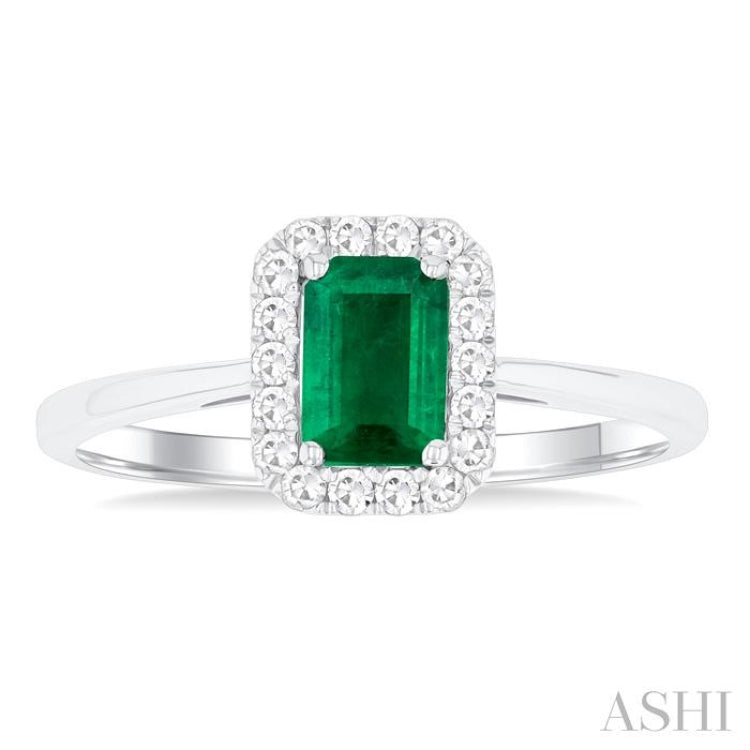 6x4 MM Octagonal Shape Emerald and 1/6 Ctw Round Cut Diamond Halo Precious Ring in 14K White Gold