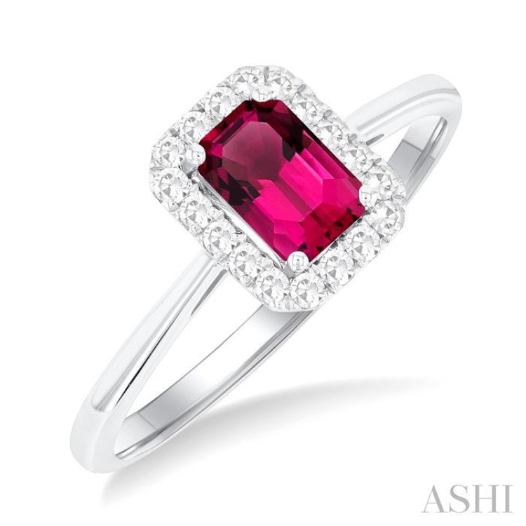 6x4 MM Octagonal Shape Pink Tourmaline and 1/6 Ctw Round Cut Diamond Halo Semi-Precious Ring in 14K White Gold