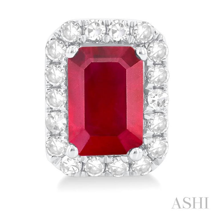 6x4 MM Octagonal Shape Ruby and 1/4 Ctw Round Cut Diamond Halo Precious Stud Earrings in 10K White Gold