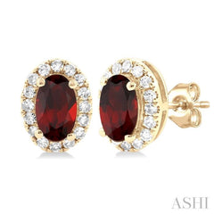 5x3 MM Oval Shape Garnet and 1/8 Ctw Single Cut Diamond Halo Semi-Precious Stud Earrings in 14K Yellow Gold