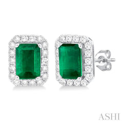 6x4 MM Octagonal Shape Emerald and 1/4 Ctw Round Cut Diamond Halo Precious Stud Earrings in 14K White Gold