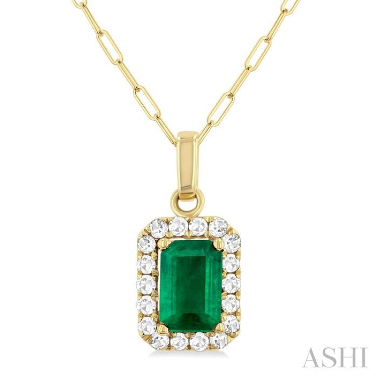 6x4 MM Octagonal Shape Emerald and 1/6 Ctw Round Cut Diamond Halo Precious Pendant with Chain in 10K Yellow Gold