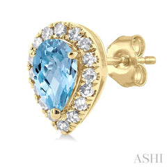 5x3 MM Pear Shape Aquamarine and 1/8 Ctw Single Cut Diamond Halo Semi-Precious Stud Earrings in 14K Yellow Gold