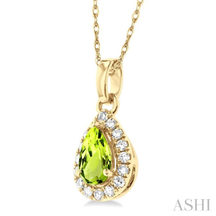 5x3 MM Pear Shape Peridot and 1/20 Ctw Single Cut Diamond Halo Semi-Precious Pendant with Chain in 10K Yellow Gold