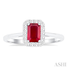 6x4 MM Octagonal Shape Ruby and 1/6 Ctw Round Cut Diamond Halo Precious Ring in 14K White Gold