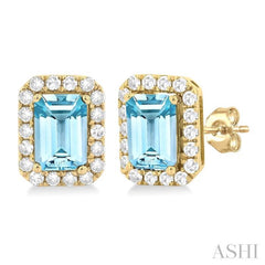 6x4 MM Octagonal Shape Aquamarine and 1/4 Ctw Round Cut Diamond Halo Semi-Precious Stud Earrings in 10K Yellow Gold