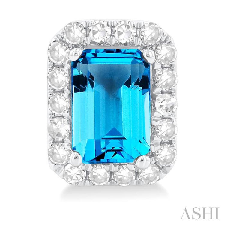 6x4 MM Octagonal Shape Blue Topaz and 1/4 Ctw Round Cut Diamond Halo Semi-Precious Stud Earrings in 14K White Gold