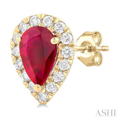 6x4 MM Pear Shape Ruby and 1/4 Ctw Round Cut Diamond Halo Precious Stud Earrings in 14K Yellow Gold