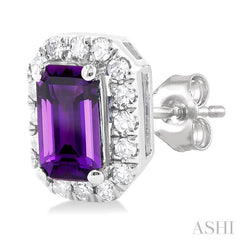 5x3 MM Octagonal Shape Amethyst and 1/8 Ctw Single Cut Diamond Halo Semi-Precious Stud Earrings in 10K White Gold