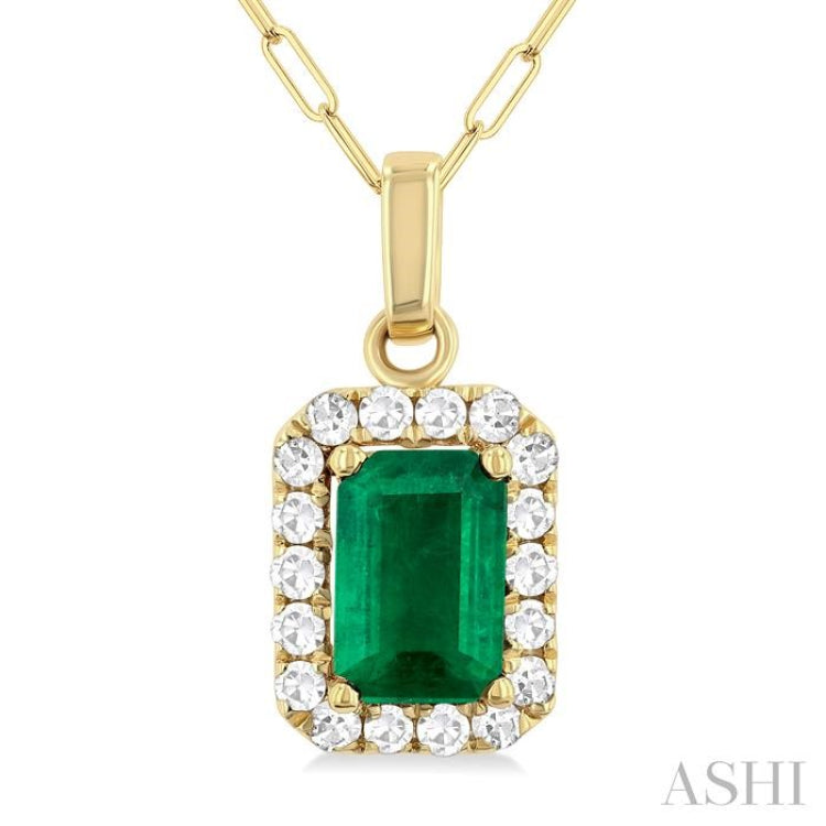 6x4 MM Octagonal Shape Emerald and 1/6 Ctw Round Cut Diamond Halo Precious Pendant with Chain in 14K Yellow Gold