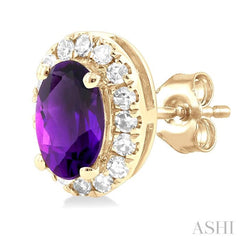 5x3 MM Oval Shape Amethyst and 1/8 Ctw Single Cut Diamond Halo Semi-Precious Stud Earrings in 14K Yellow Gold