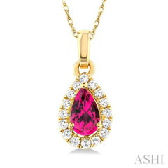 5x3 MM Pear Shape Pink Tourmaline and 1/20 Ctw Single Cut Diamond Halo Semi-Precious Pendant with Chain in 14K Yellow Gold
