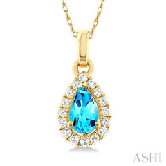 5x3 MM Pear Shape Blue Topaz and 1/20 Ctw Single Cut Diamond Halo Semi-Precious Pendant with Chain in 14K Yellow Gold