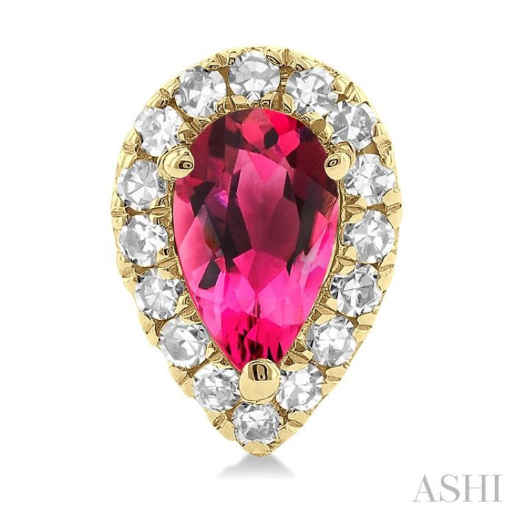 5x3 MM Pear Shape Pink Tourmaline and 1/8 Ctw Single Cut Diamond Halo Semi-Precious Stud Earrings in 14K Yellow Gold