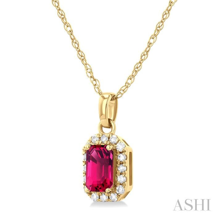 5x3 MM Octagonal Shape Pink Tourmaline and 1/20 Ctw Single Cut Diamond Halo Semi-Precious Pendant with Chain in 10K Yellow Gold
