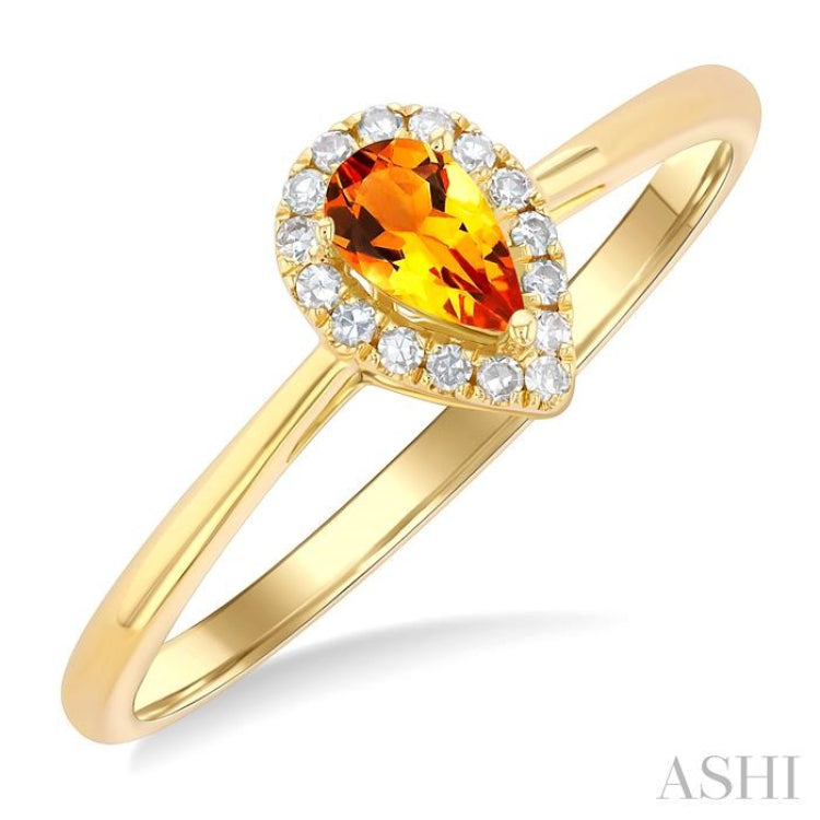 5x3 MM Pear Shape Citrine and 1/20 Ctw Single Cut Diamond Halo Semi-Precious Ring in 10K Yellow Gold