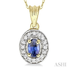 6x4 MM Oval Cut Sapphire and 1/5 Ctw Round Cut Diamond Pendant in 14K Yellow Gold with Chain